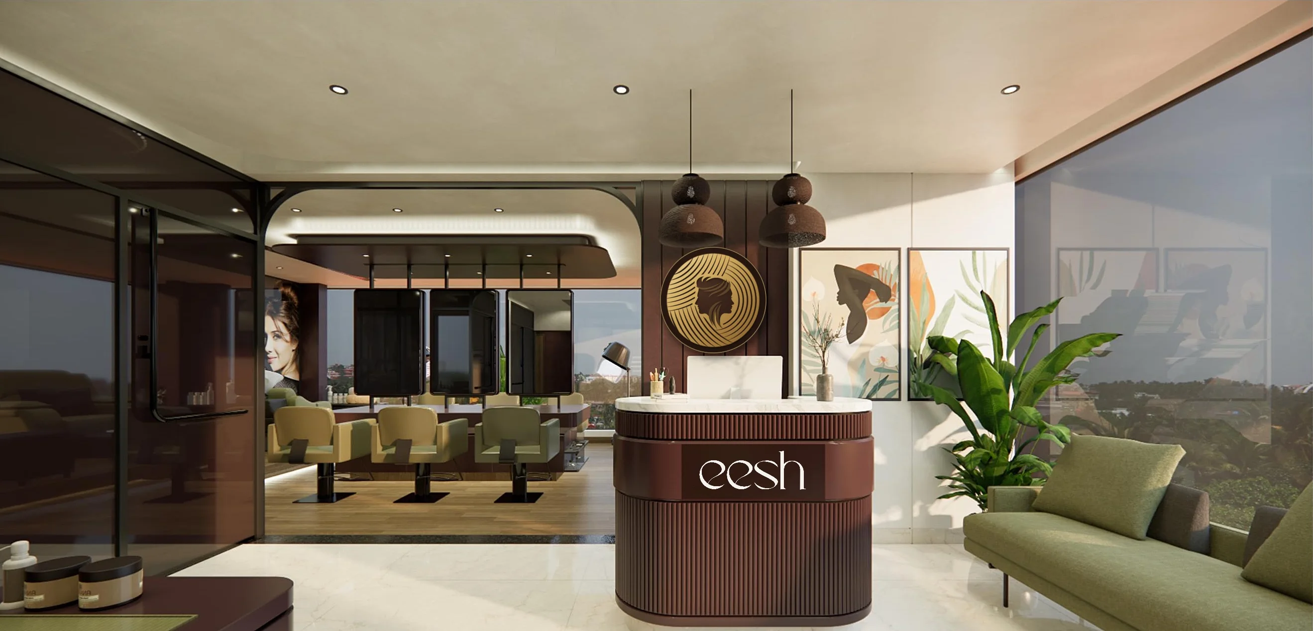 The eesh reception seen from the main entrance, with the hair studio through the arch