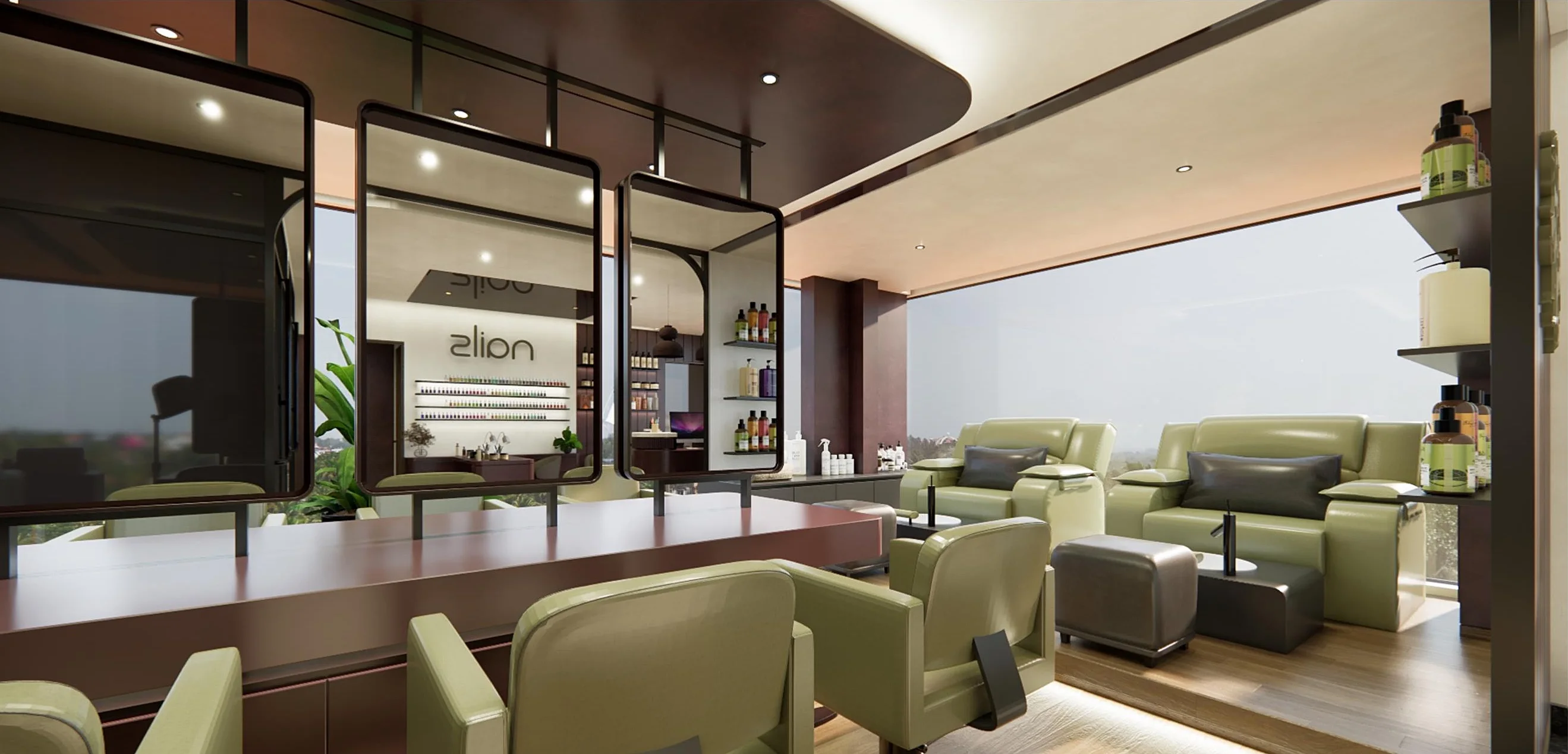 Suspended mirrors over the styling station, the nail bar reflected in them