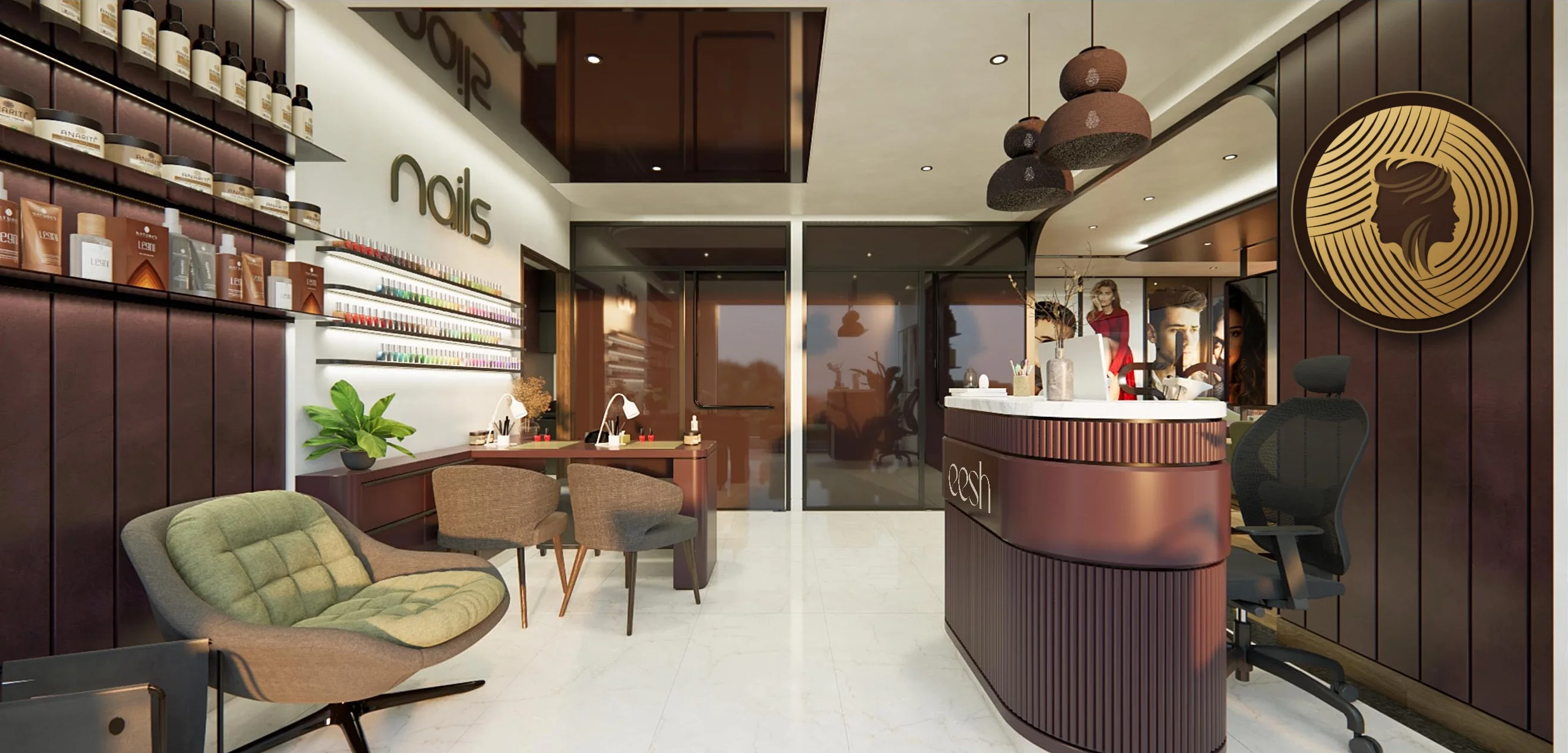 The waiting lounge, a tufted armchair beside the retail shelves