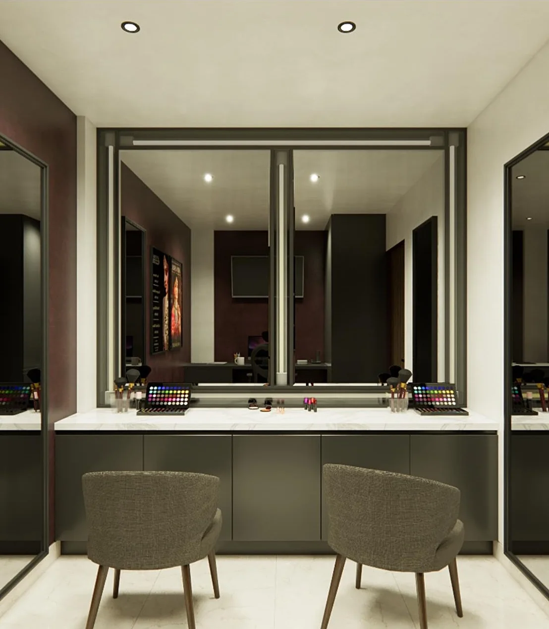 The makeup studio vanity with a long mirror and two chairs