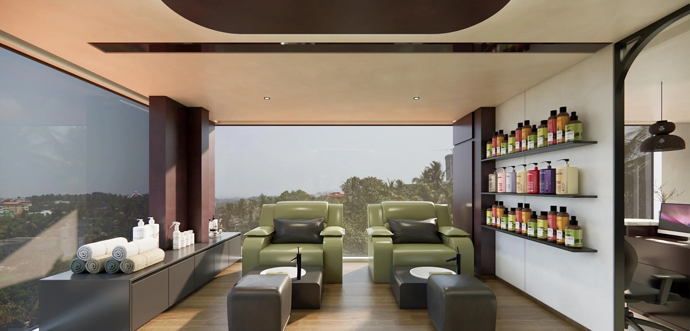 Two sage pedicure loungers facing a window full of trees