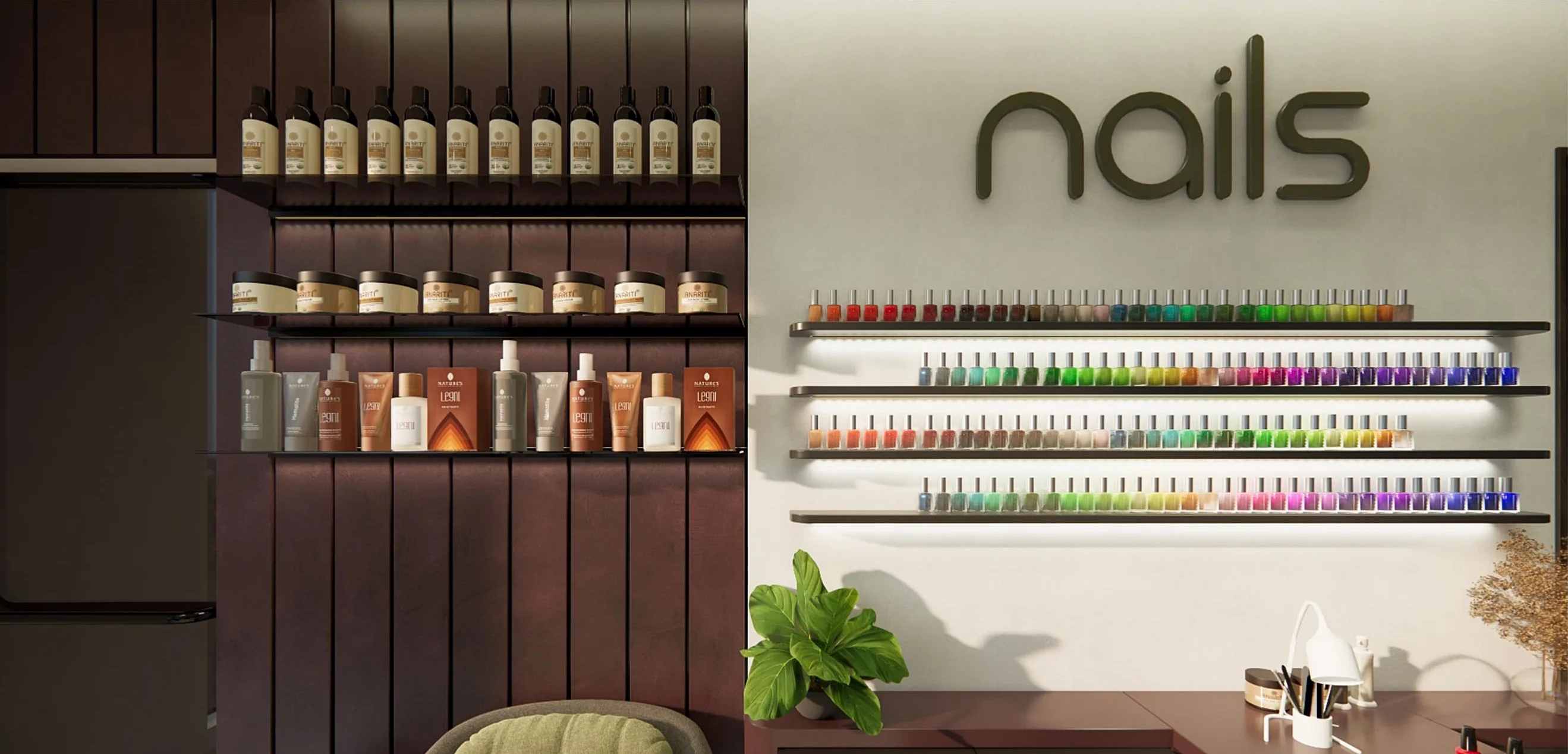 Product shelves and rows of nail polish on lit floating shelves