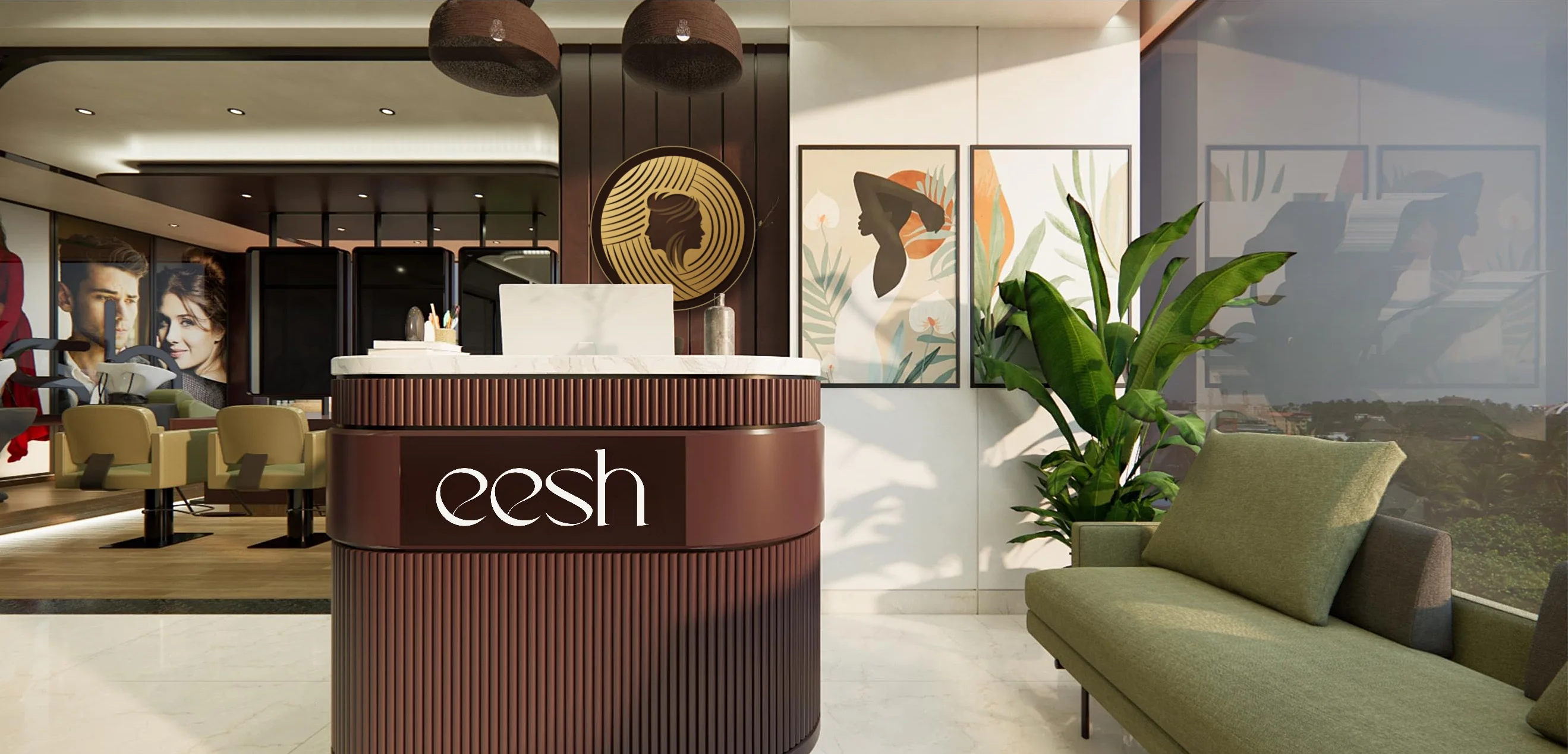 Fluted wine-coloured reception counter with the eesh logo, beside a sage sofa
