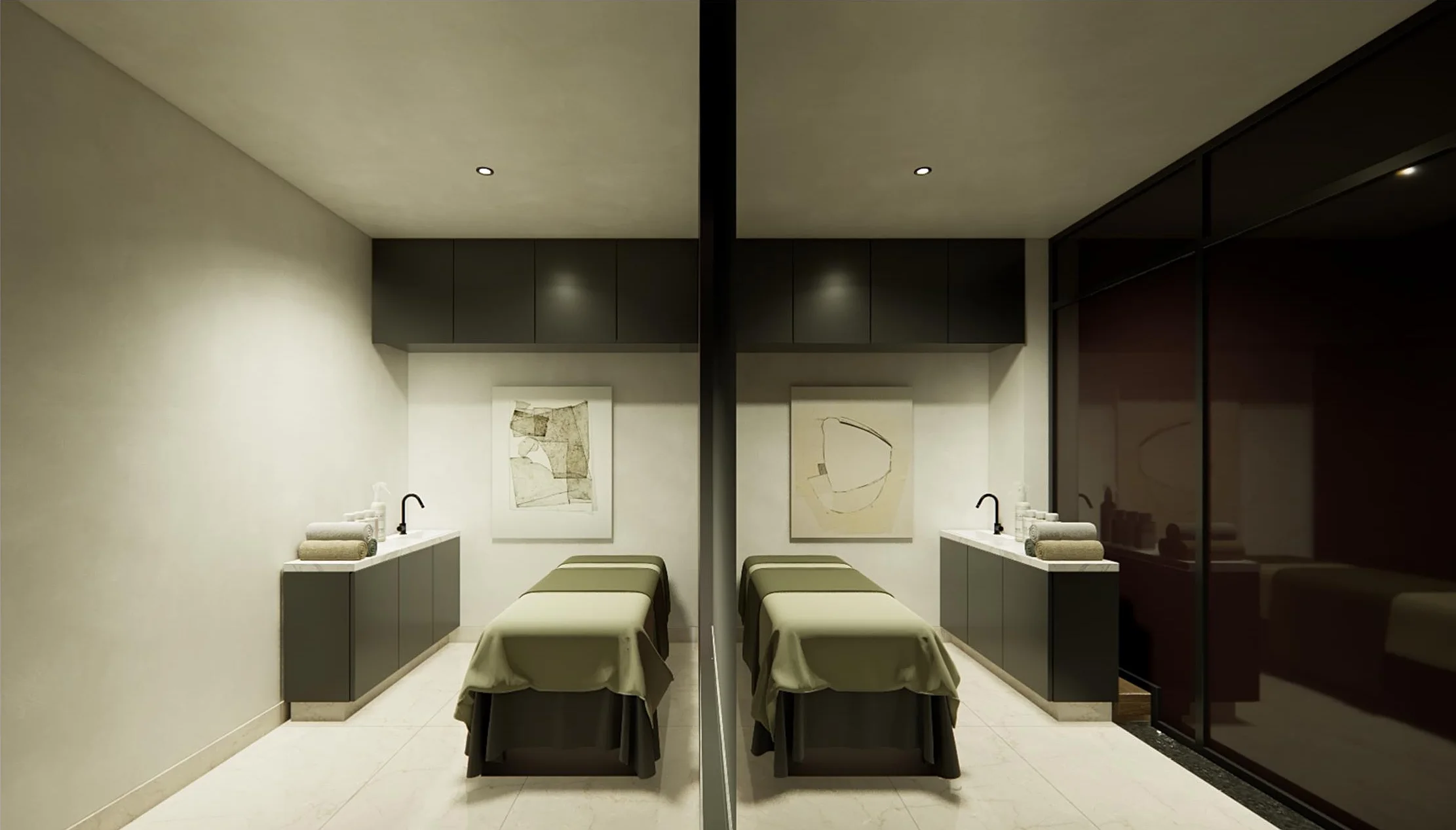 Two calm treatment rooms side by side, sage linen on each bed