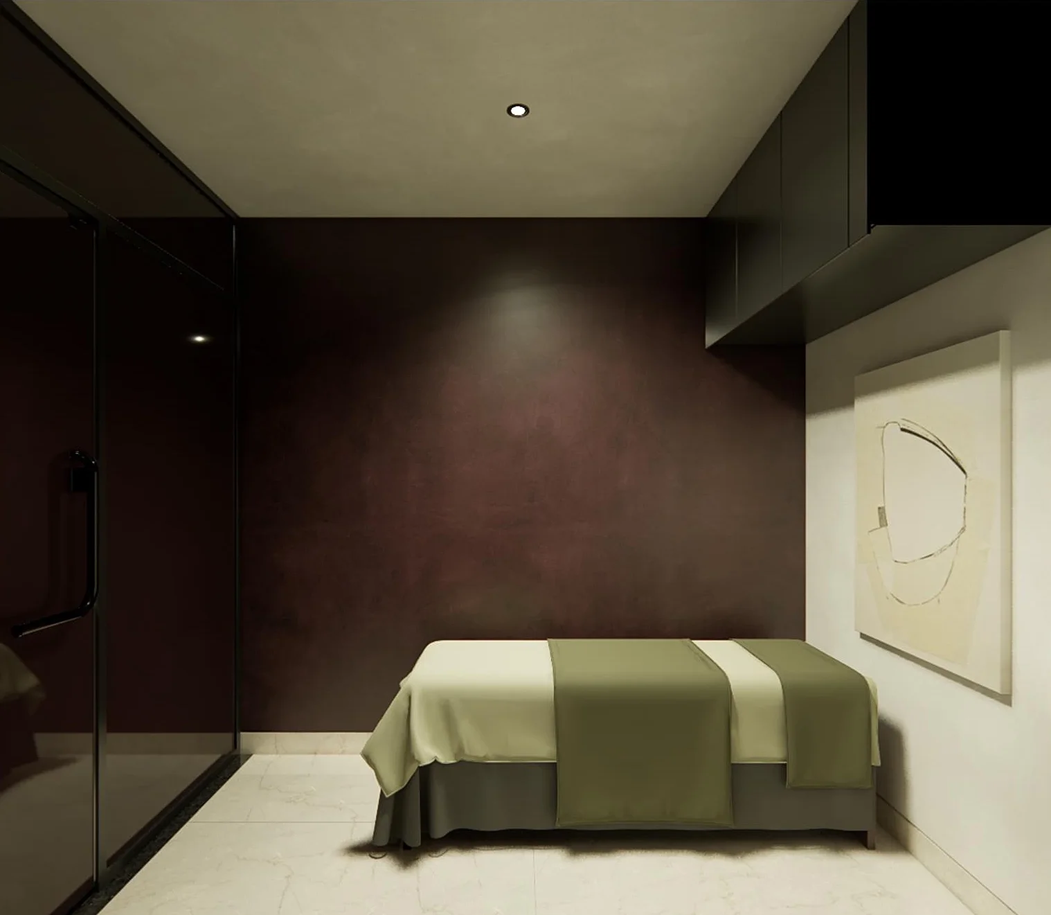 A private treatment room with a wine-toned wall and abstract artwork